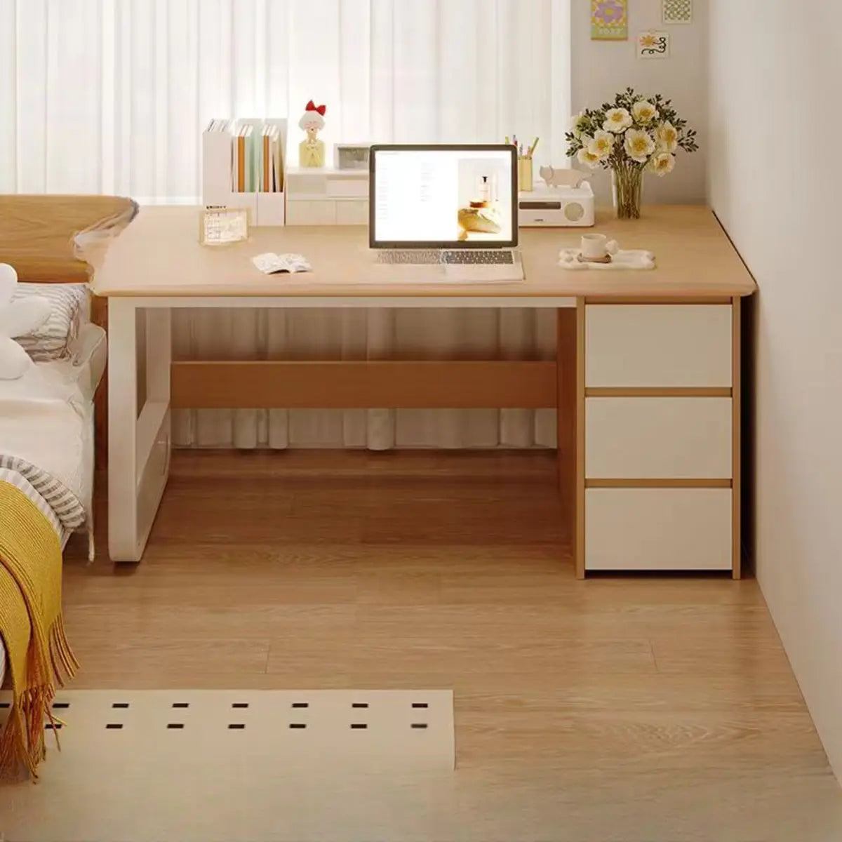 Brown Wood Writing Desk with Tableside Drawers — Without Chairs / Natural Finish