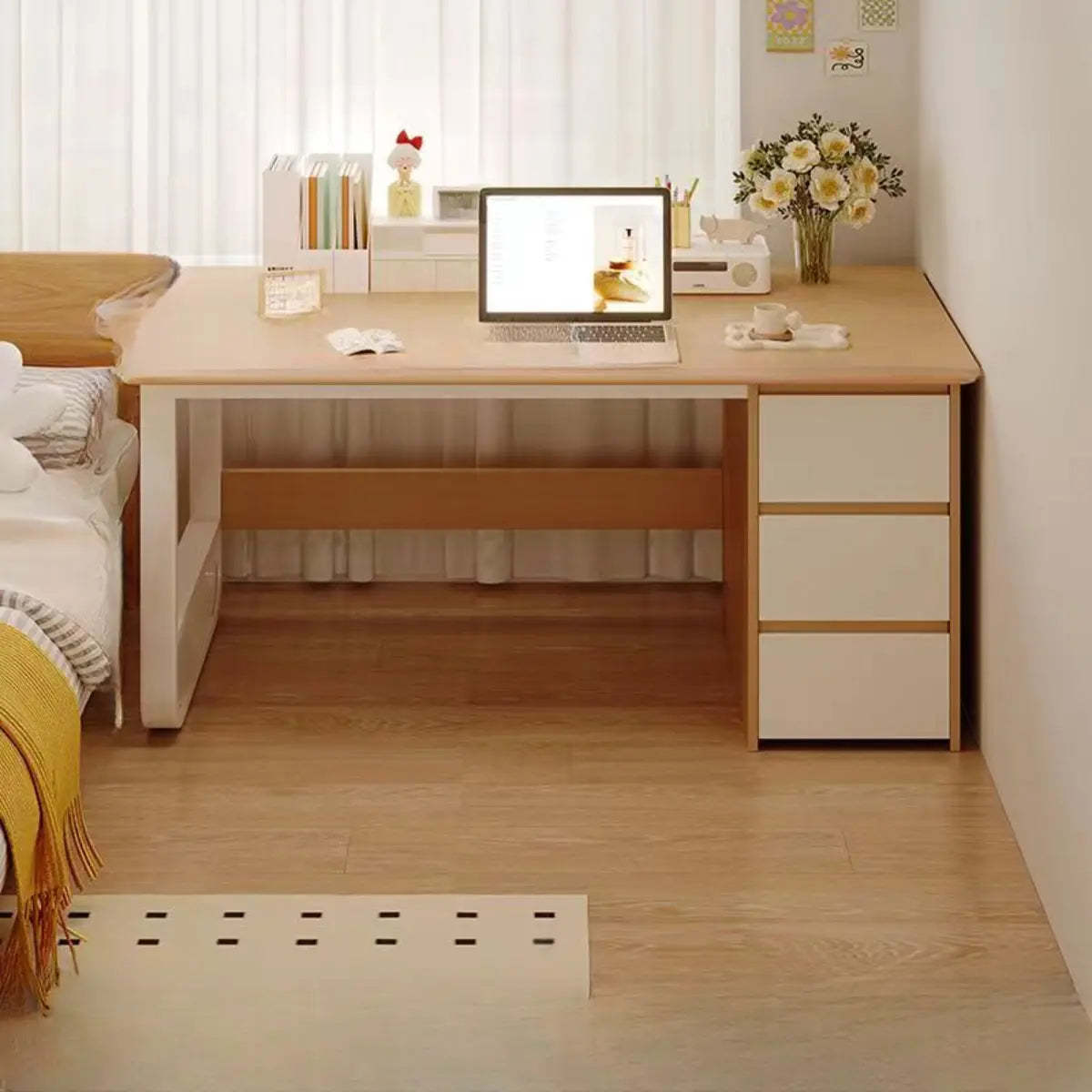 Brown Wood Writing Desk with Tableside Drawers — Without Chairs / Natural Finish