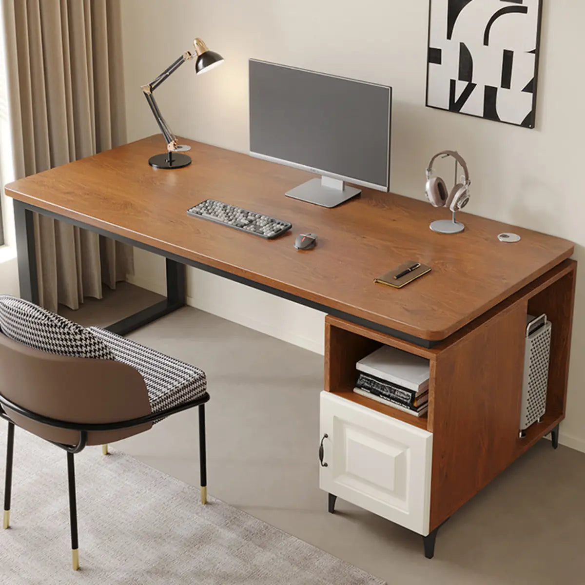 Brown Wood L-Shape Computer Desk with Tableside Storage
