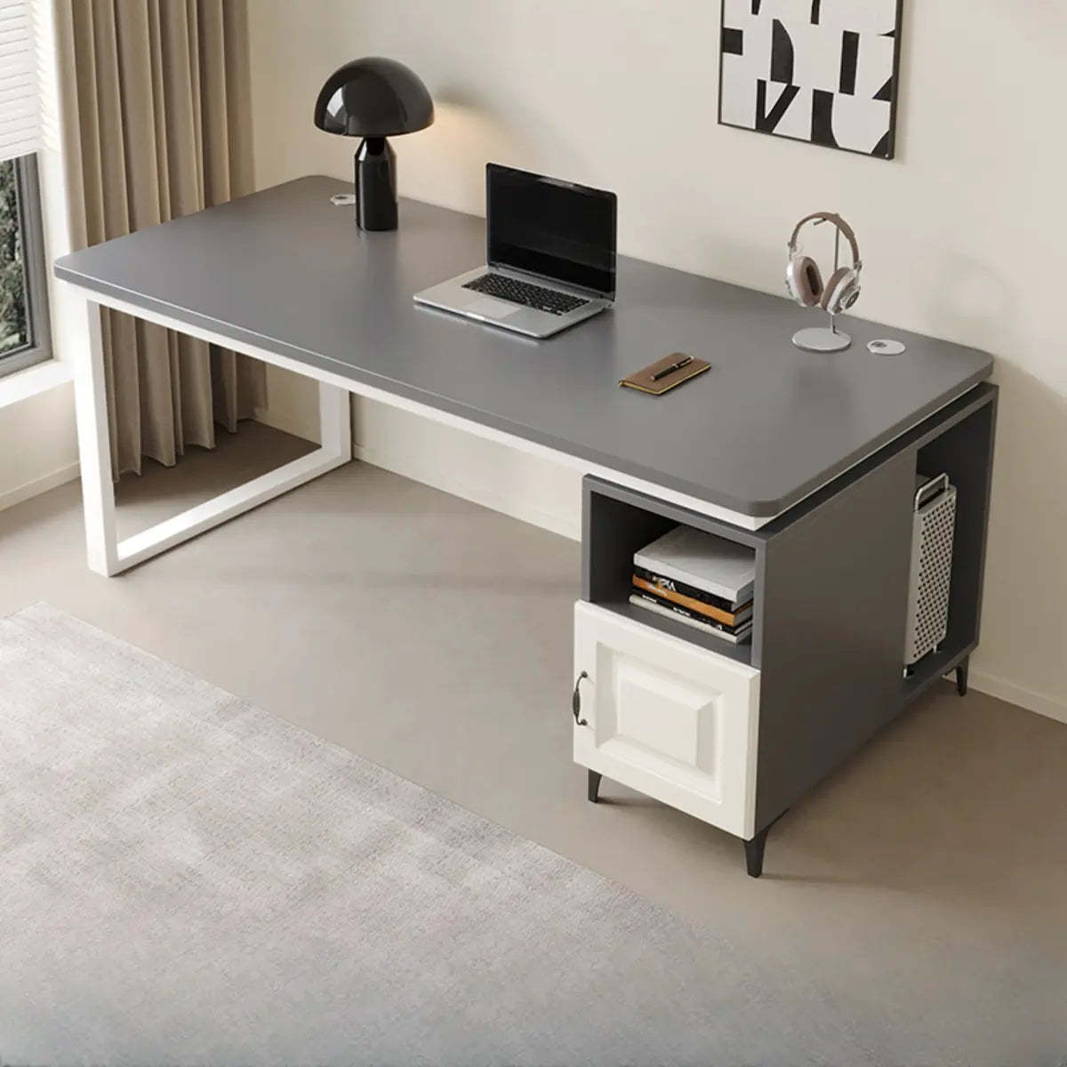 Brown Wood L-Shape Computer Desk with Tableside Storage — Without Chairs / Gray & White