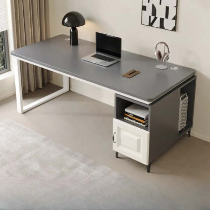 Brown Wood L-Shape Computer Desk with Tableside Storage — Without Chairs / Gray & White