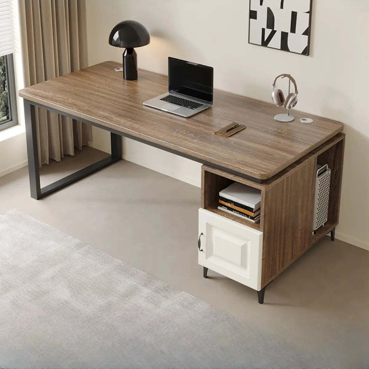 Brown Wood L-Shape Computer Desk with Tableside Storage — Without Chairs / Natural/ White