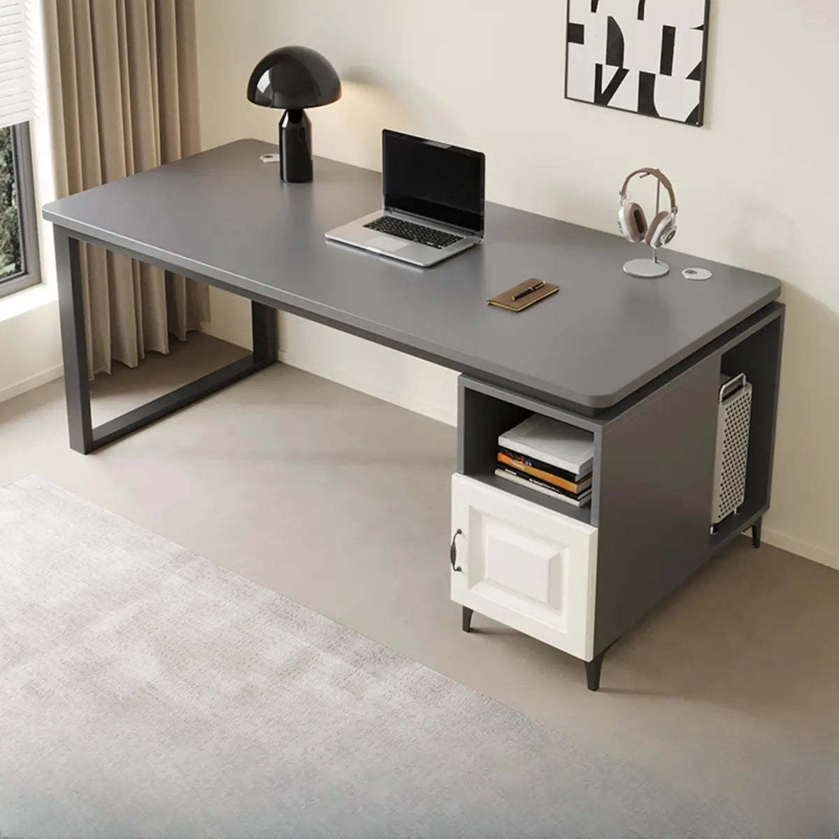 Brown Wood L-Shape Computer Desk with Tableside Storage — Without Chairs / White-Black