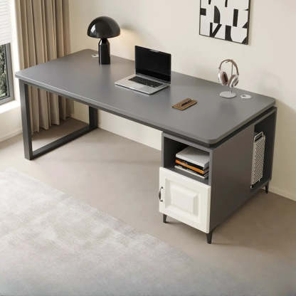 Brown Wood L-Shape Computer Desk with Tableside Storage — Without Chairs / White-Black