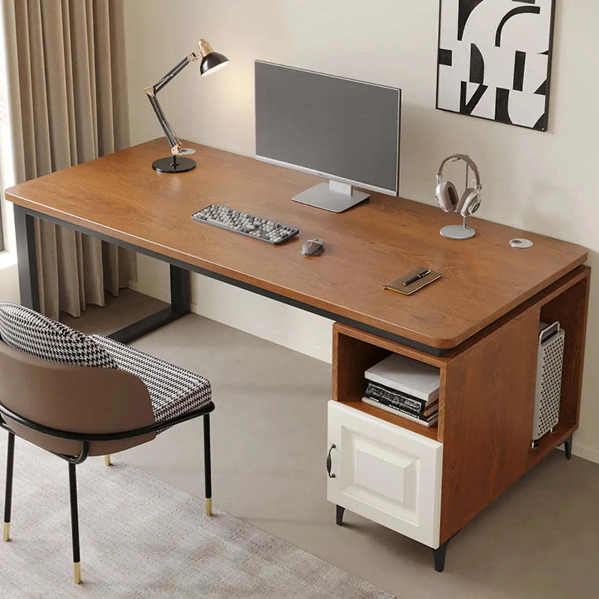 Brown Wood L-Shape Computer Desk with Tableside Storage — Without Chairs / Brown