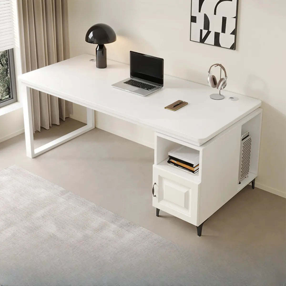 Brown Wood L-Shape Computer Desk with Tableside Storage — Without Chairs / Gray & White