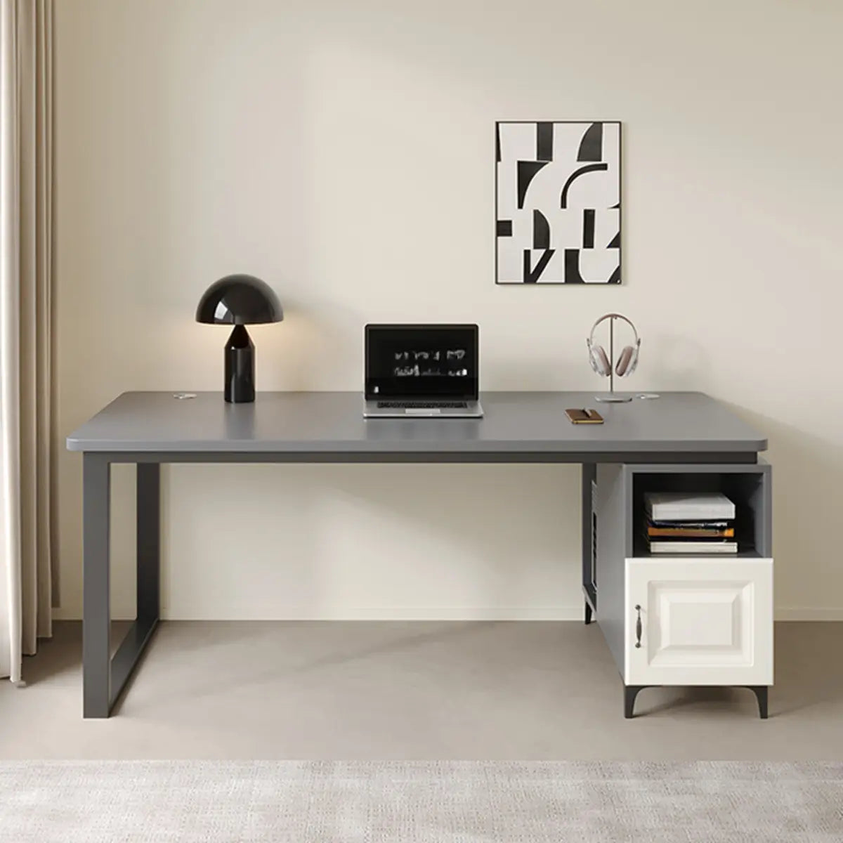 Brown Wood L-Shape Computer Desk with Tableside Storage — Without Chairs / Gray/ Black