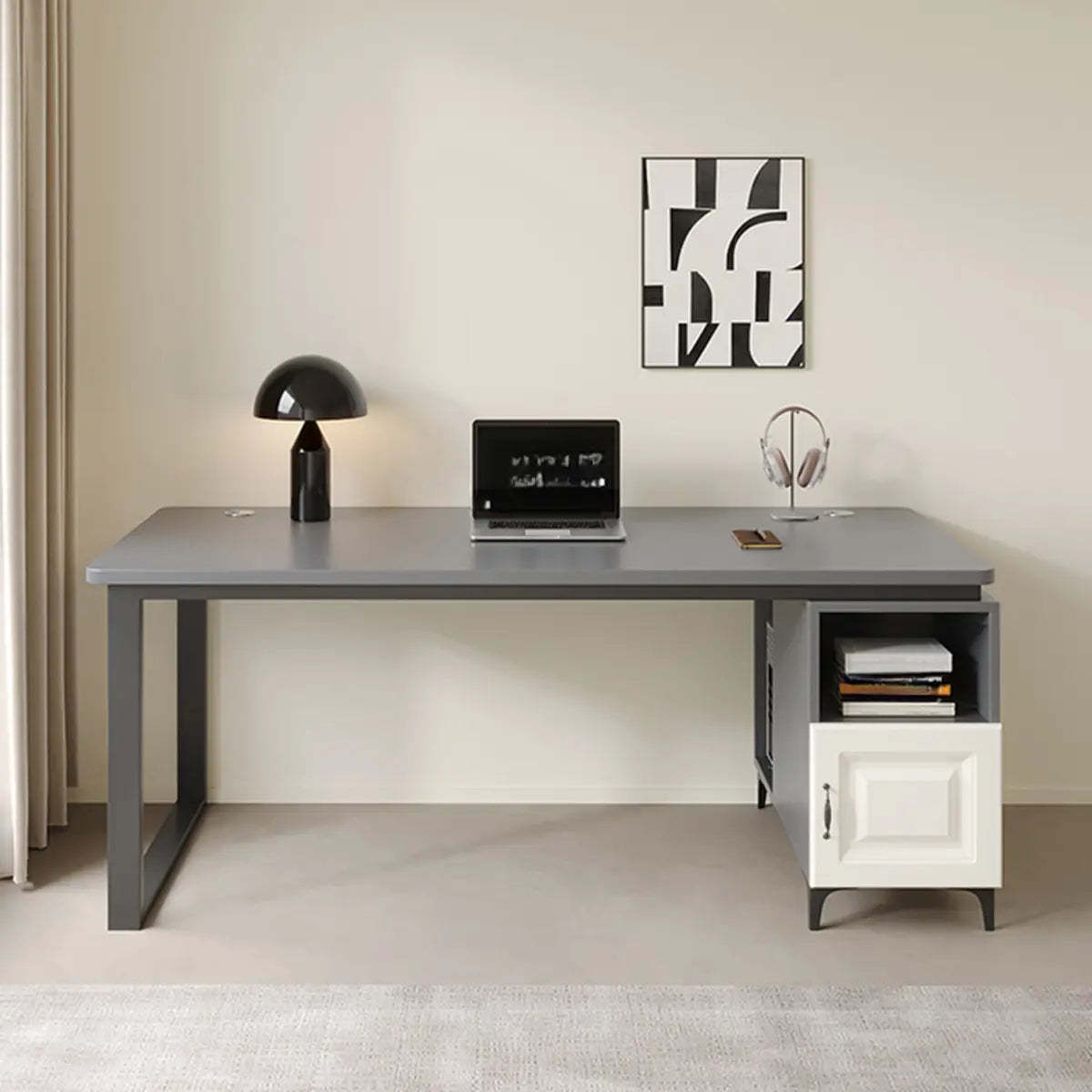 Brown Wood L-Shape Computer Desk with Tableside Storage — Without Chairs / Gray/ Black