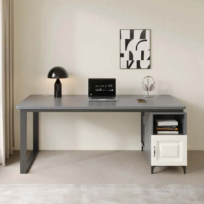 Brown Wood L-Shape Computer Desk with Tableside Storage — Without Chairs / Gray/ Black