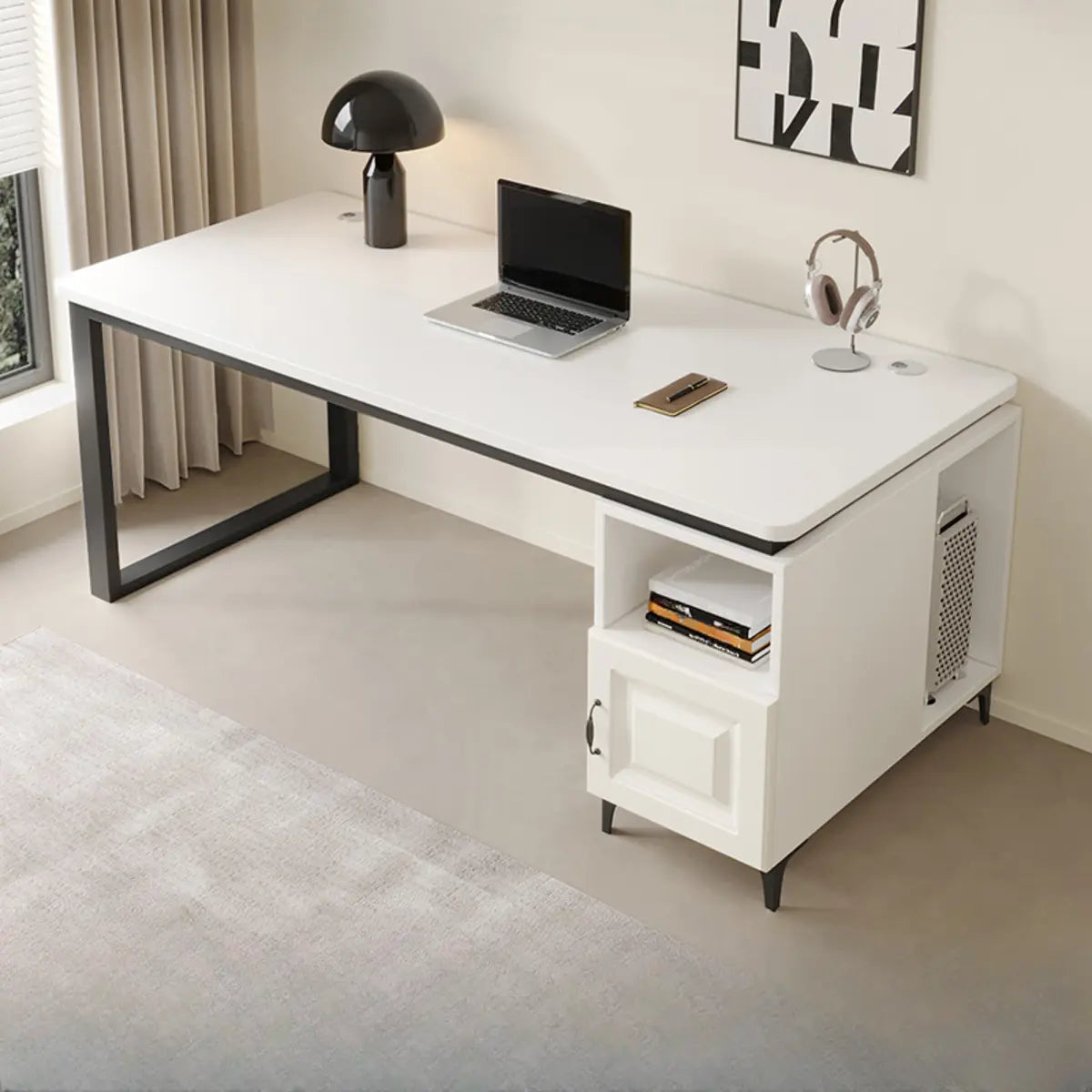 Brown Wood L-Shape Computer Desk with Tableside Storage — Without Chairs / Natural/ White