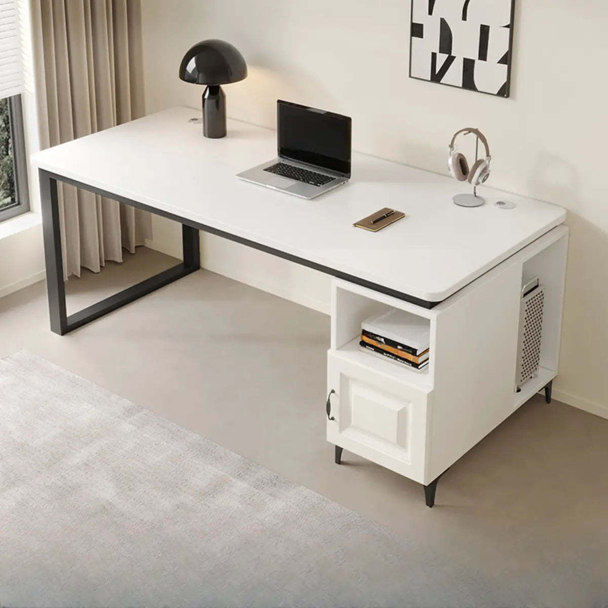 Brown Wood L-Shape Computer Desk with Tableside Storage — Without Chairs / Natural/ White