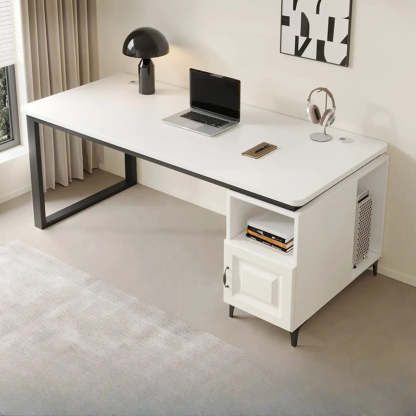 Brown Wood L-Shape Computer Desk with Tableside Storage — Without Chairs / Natural/ White