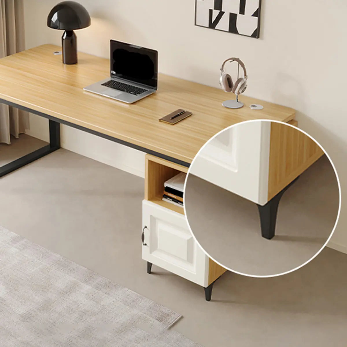 Brown Wood L-Shape Computer Desk with Tableside Storage — Without Chairs / White