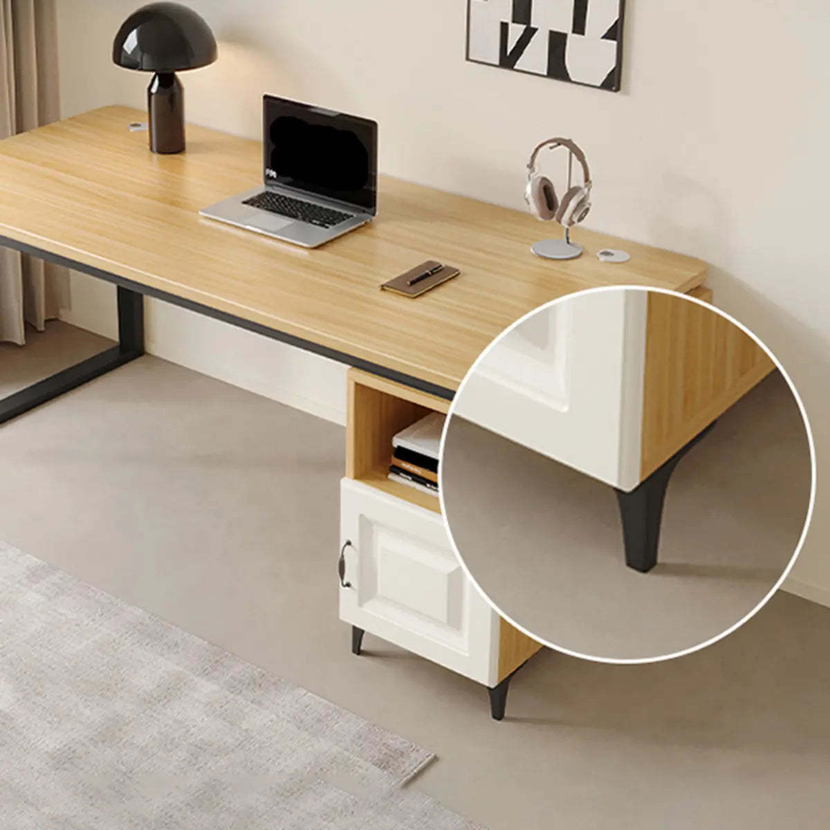 Brown Wood L-Shape Computer Desk with Tableside Storage — Without Chairs / White