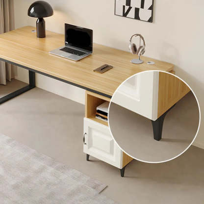 Brown Wood L-Shape Computer Desk with Tableside Storage — Without Chairs / White