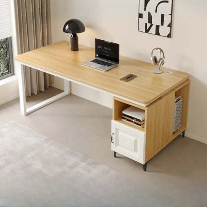 Brown Wood L-Shape Computer Desk with Tableside Storage — Without Chairs / White-Black