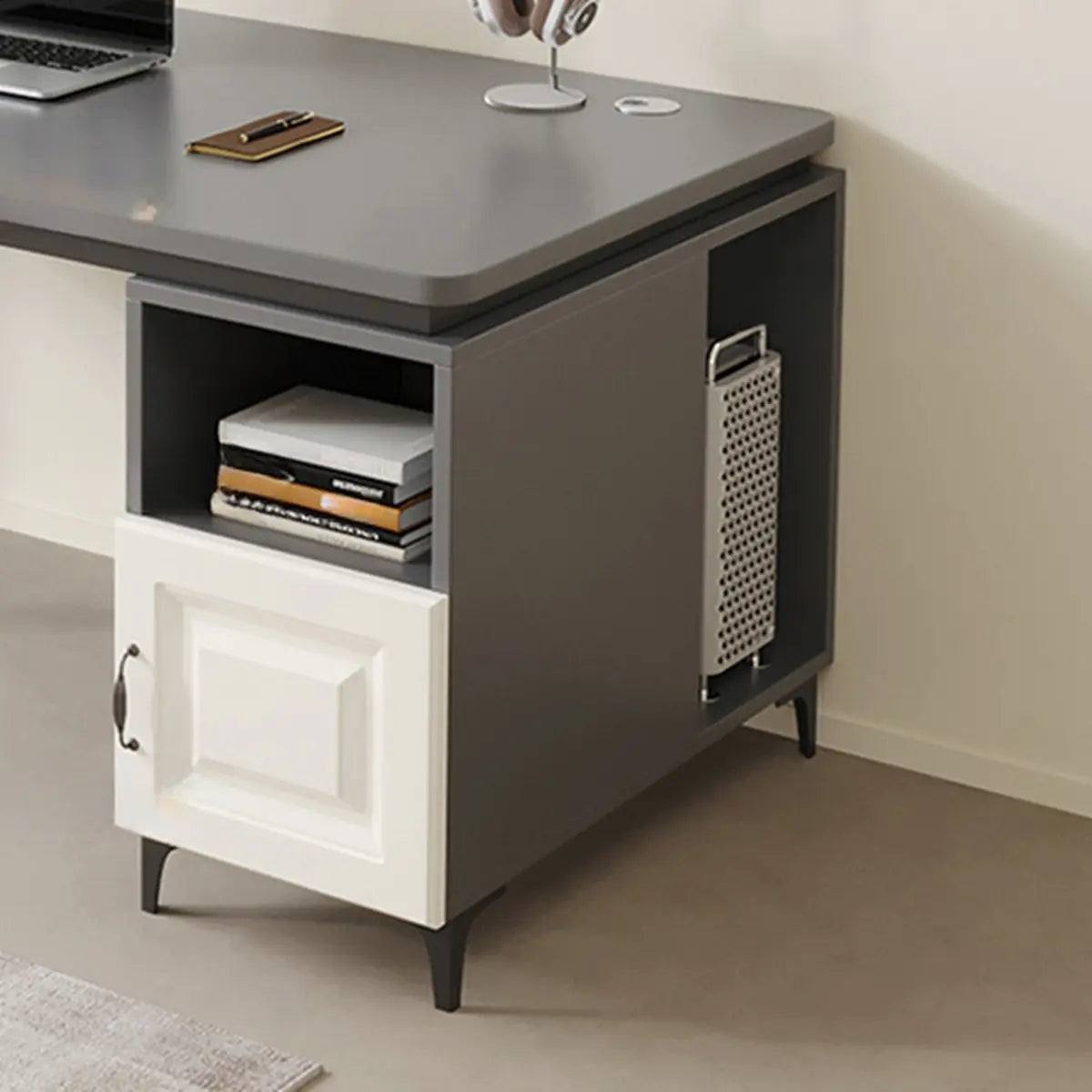 Brown Wood L-Shape Computer Desk with Tableside Storage — Without Chairs / Wood-Black