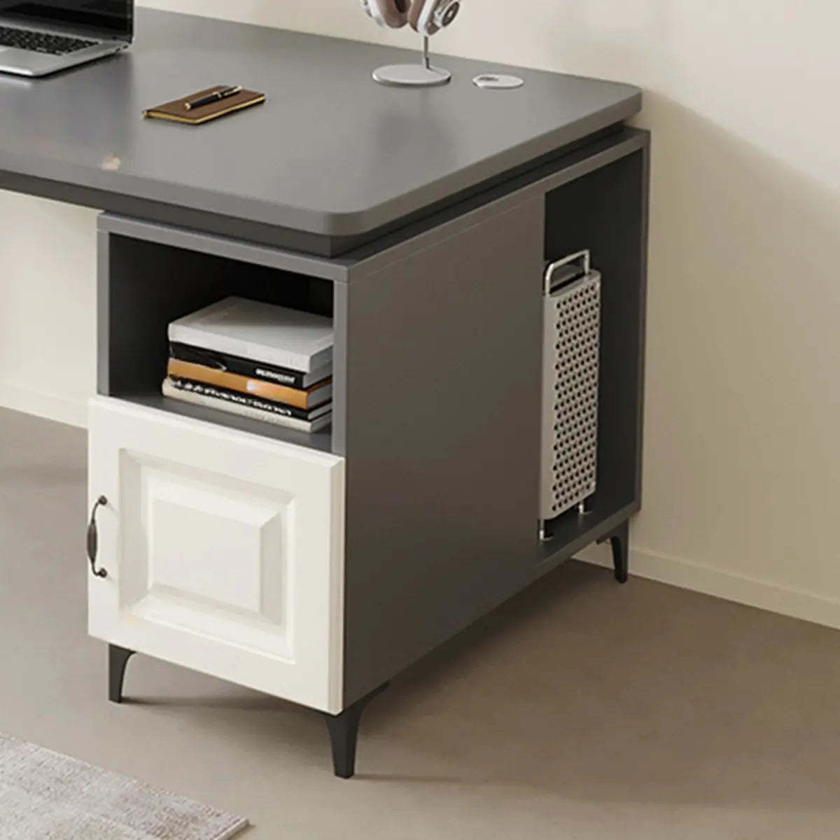 Brown Wood L-Shape Computer Desk with Tableside Storage — Without Chairs / Wood-Black