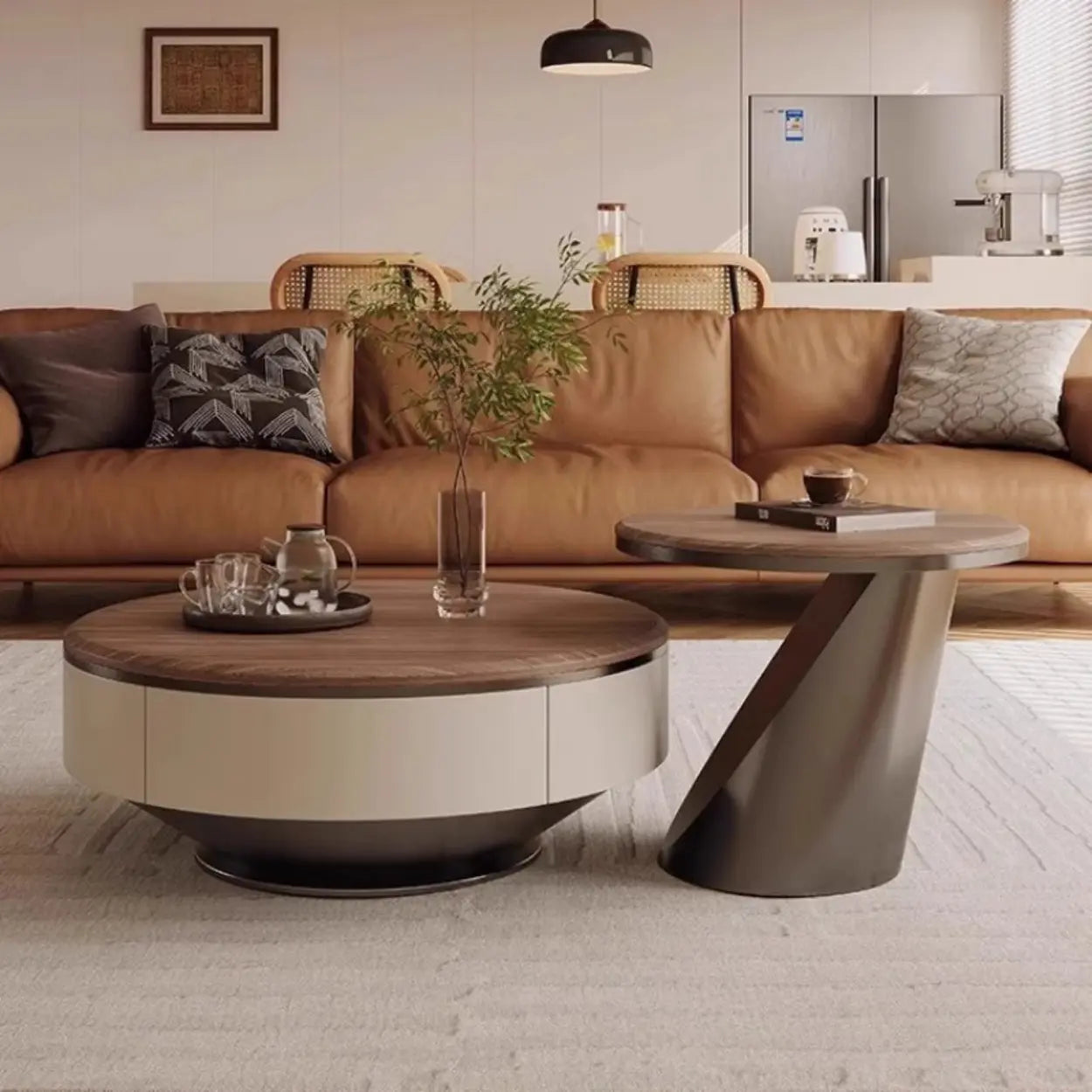 Brown Wood Nesting Round Coffee Table with Drawers