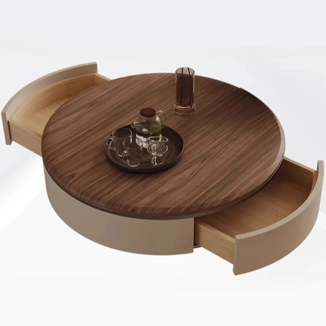 Brown Wood Nesting Round Coffee Table with Drawers