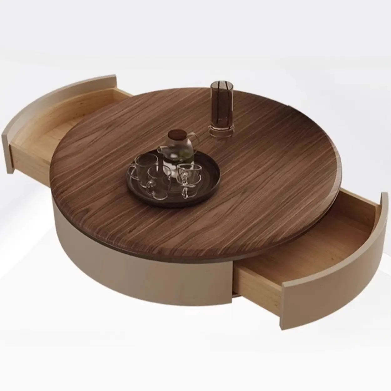 Brown Wood Nesting Round Coffee Table with Drawers