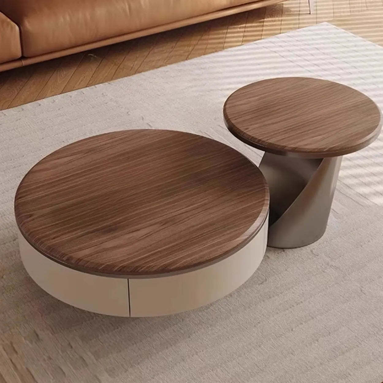 Brown Wood Nesting Round Coffee Table with Drawers