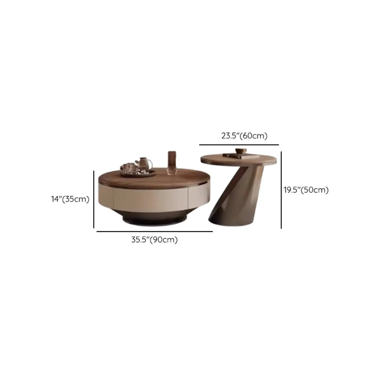 Brown Wood Nesting Round Coffee Table with Drawers
