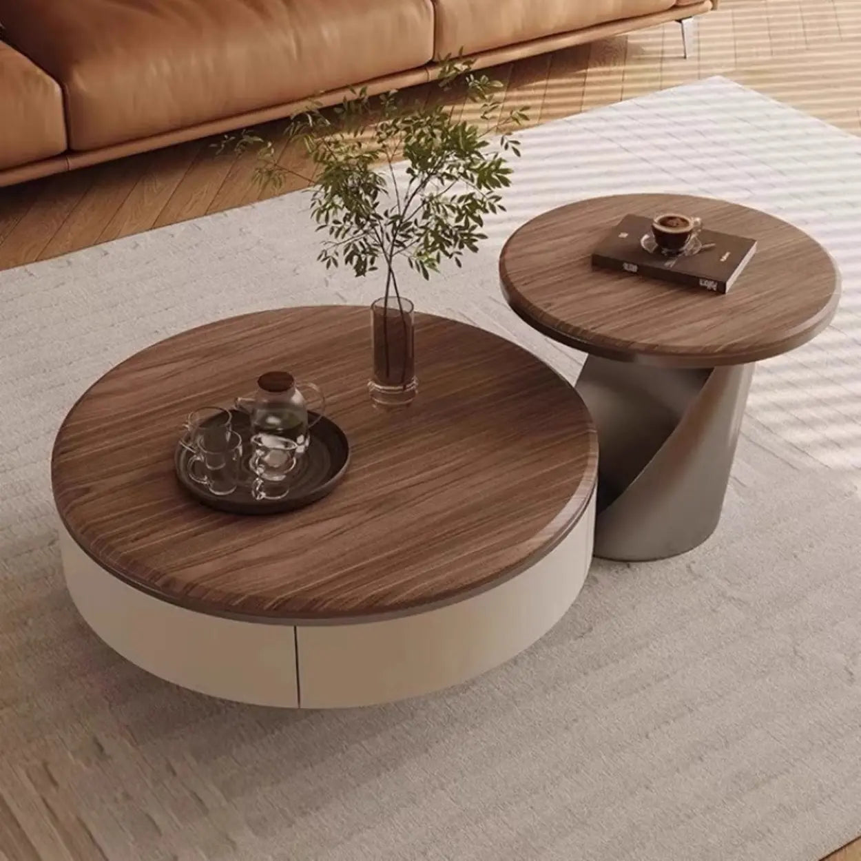 Brown Wood Nesting Round Coffee Table with Drawers