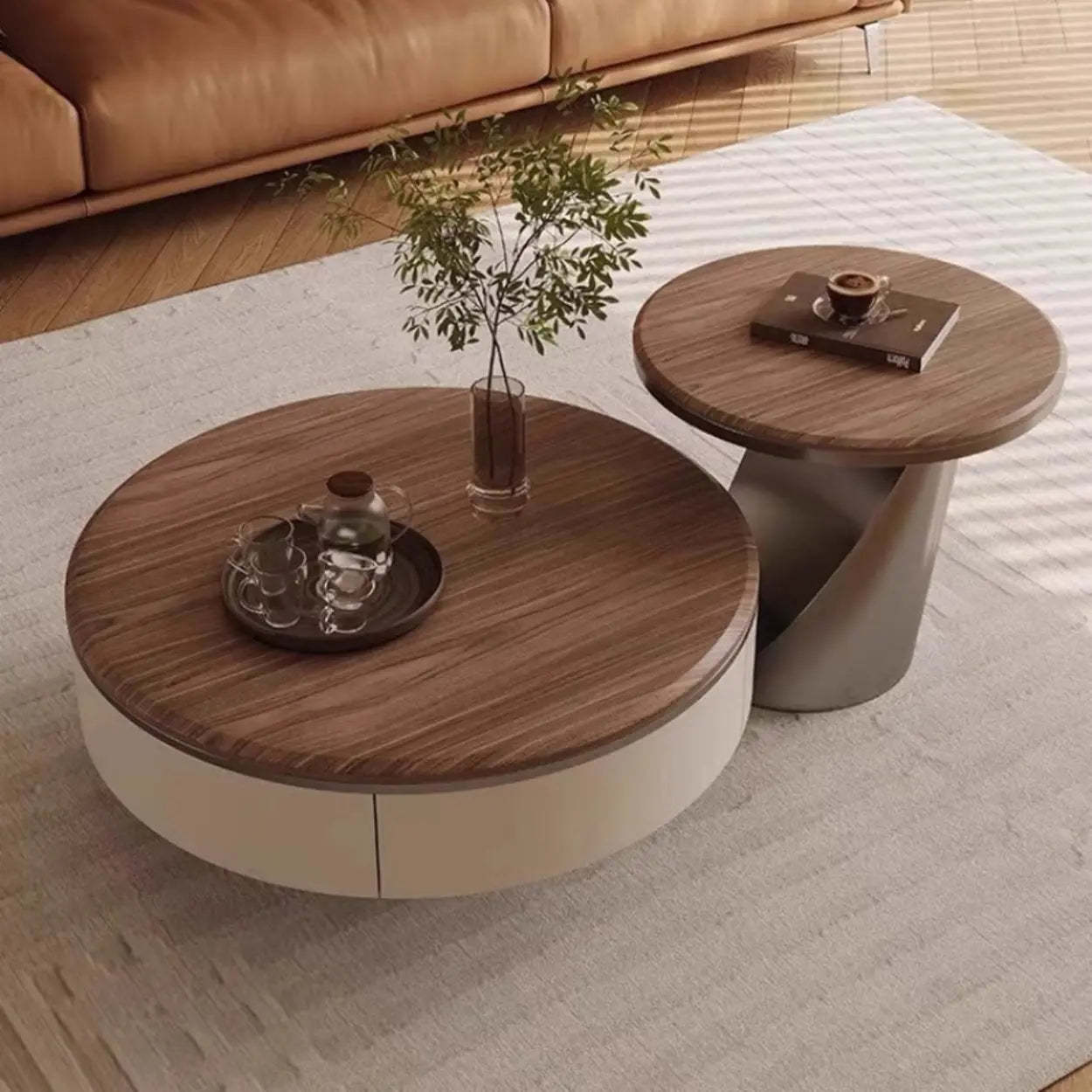 Brown Wood Nesting Round Coffee Table with Drawers