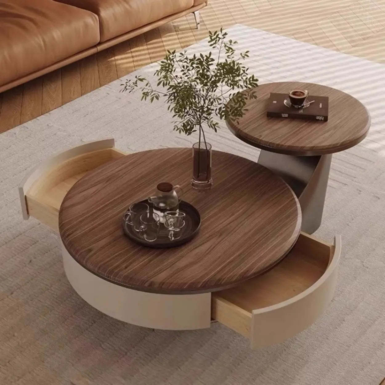 Brown Wood Nesting Round Coffee Table with Drawers