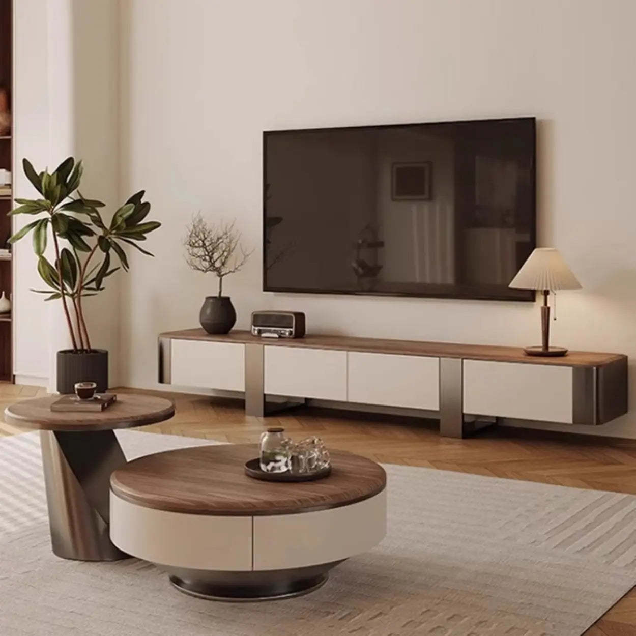 Brown Wood Nesting Round Coffee Table with Drawers