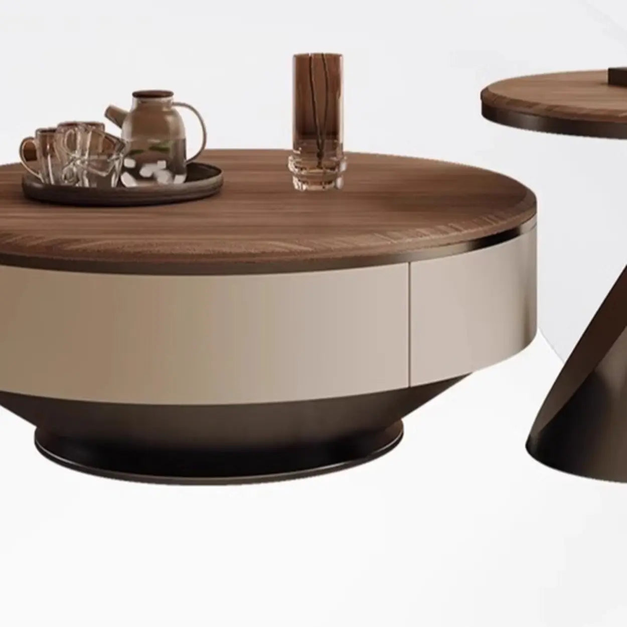Brown Wood Nesting Round Coffee Table with Drawers