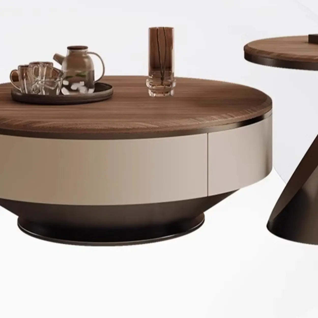 Brown Wood Nesting Round Coffee Table with Drawers