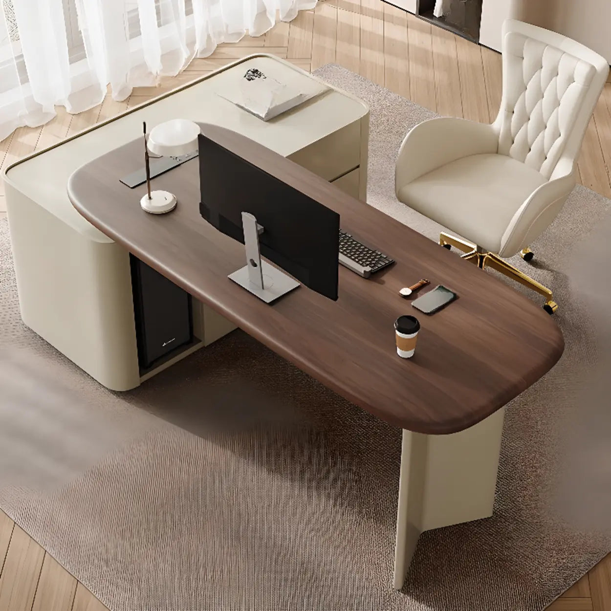 Brown Wood Top White Base L-Shape Oval Executive Desk