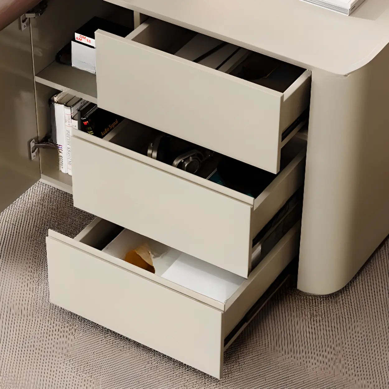 Brown Wood Top White Base L-Shape Oval Executive Desk