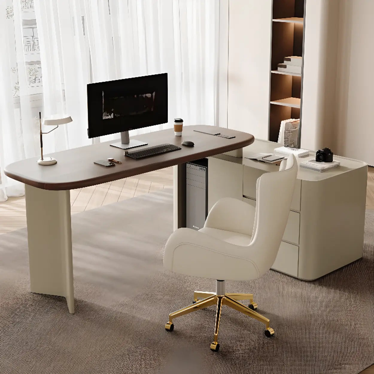 Brown Wood Top White Base L-Shape Oval Executive Desk