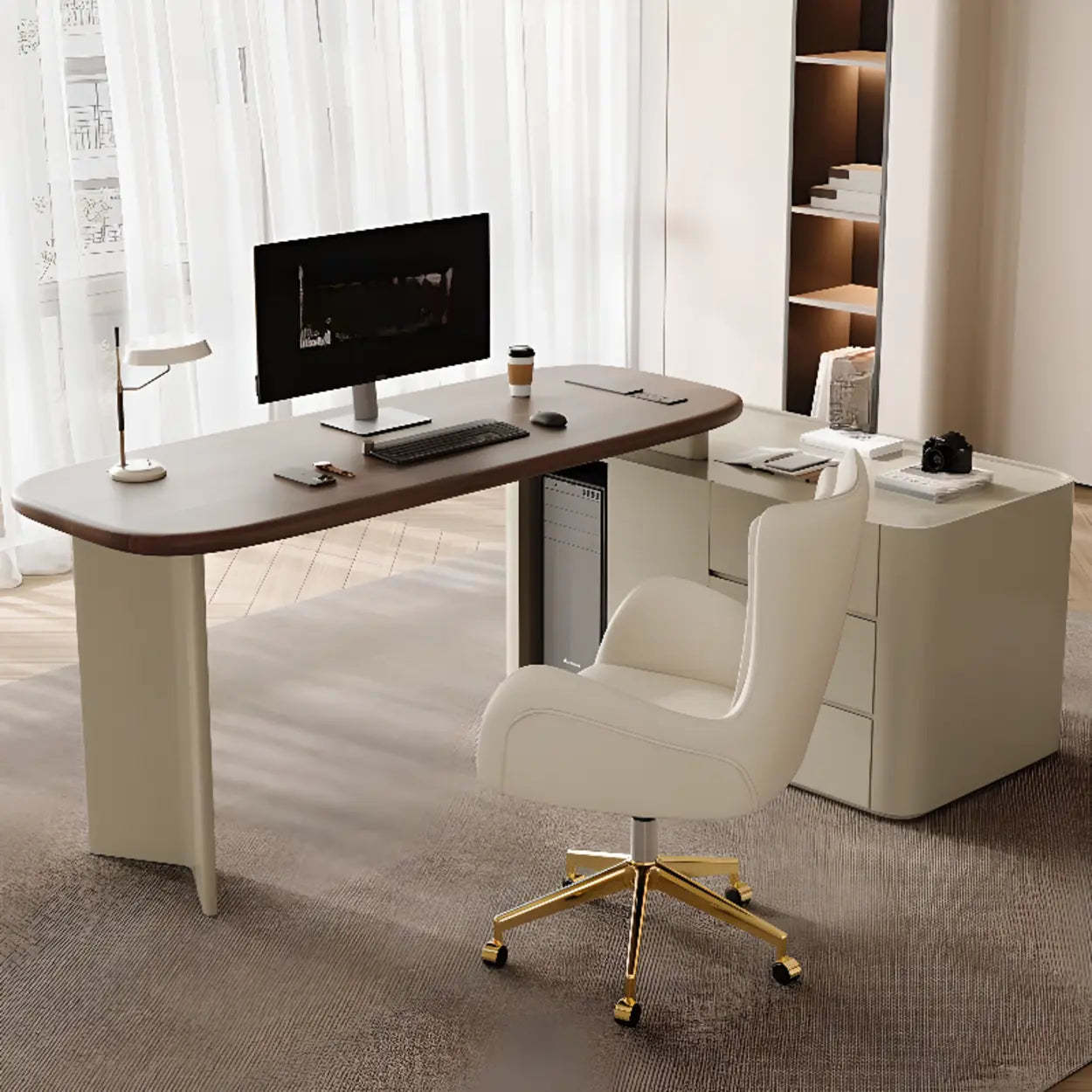Brown Wood Top White Base L-Shape Oval Executive Desk