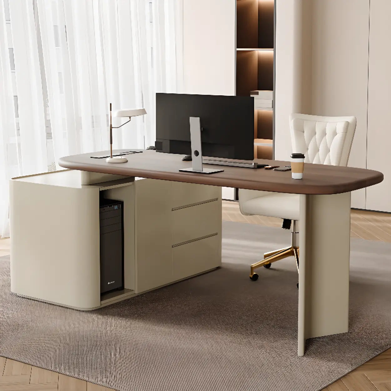 Brown Wood Top White Base L-Shape Oval Executive Desk