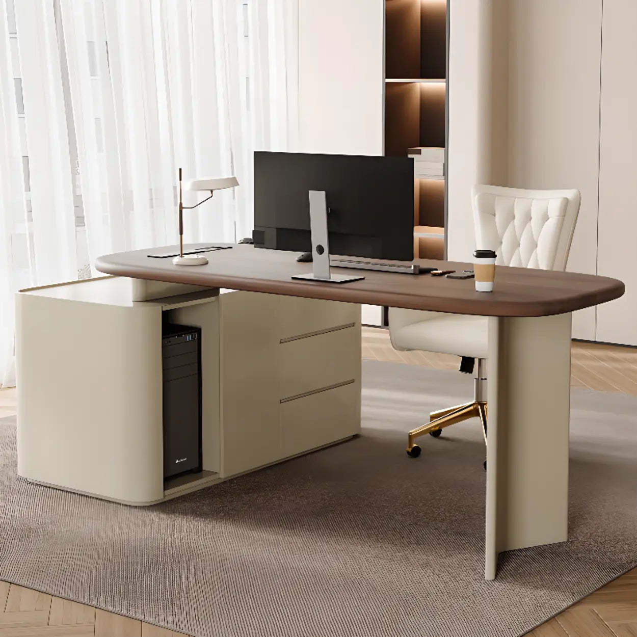 Brown Wood Top White Base L-Shape Oval Executive Desk
