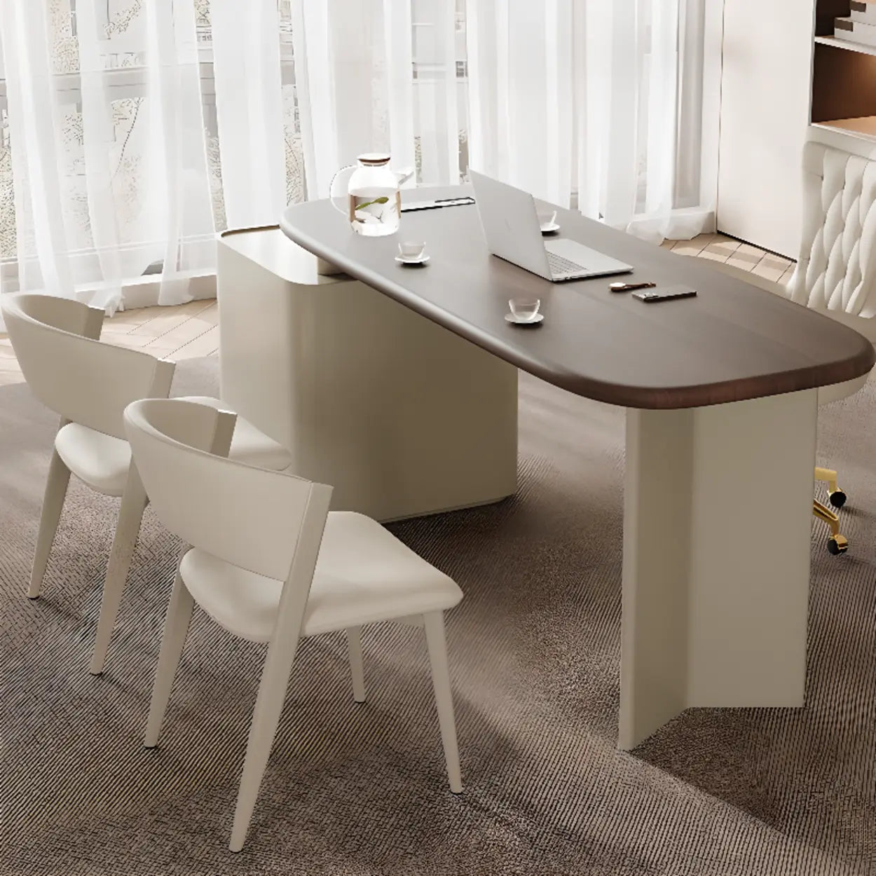 Brown Wood Top White Base L-Shape Oval Executive Desk