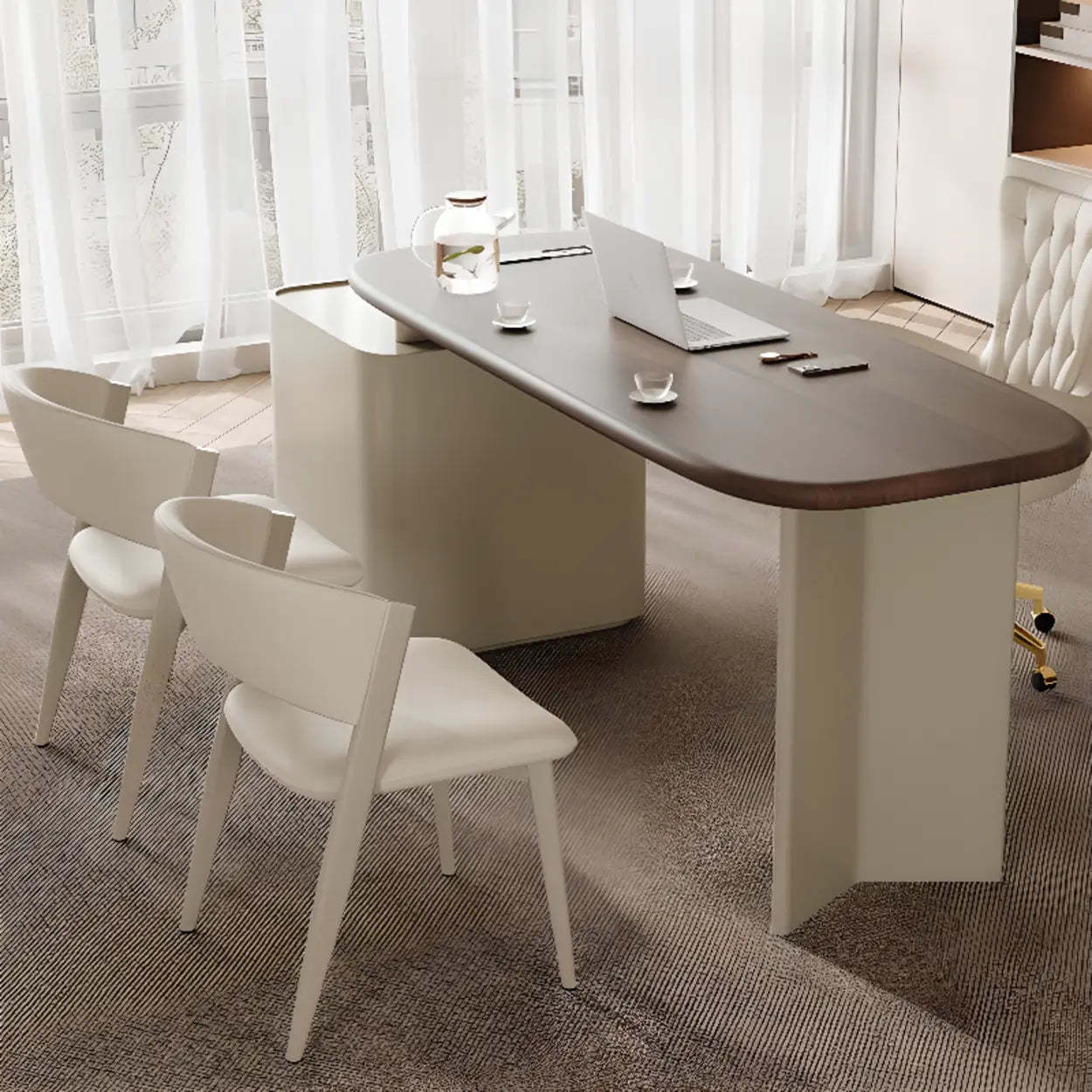 Brown Wood Top White Base L-Shape Oval Executive Desk