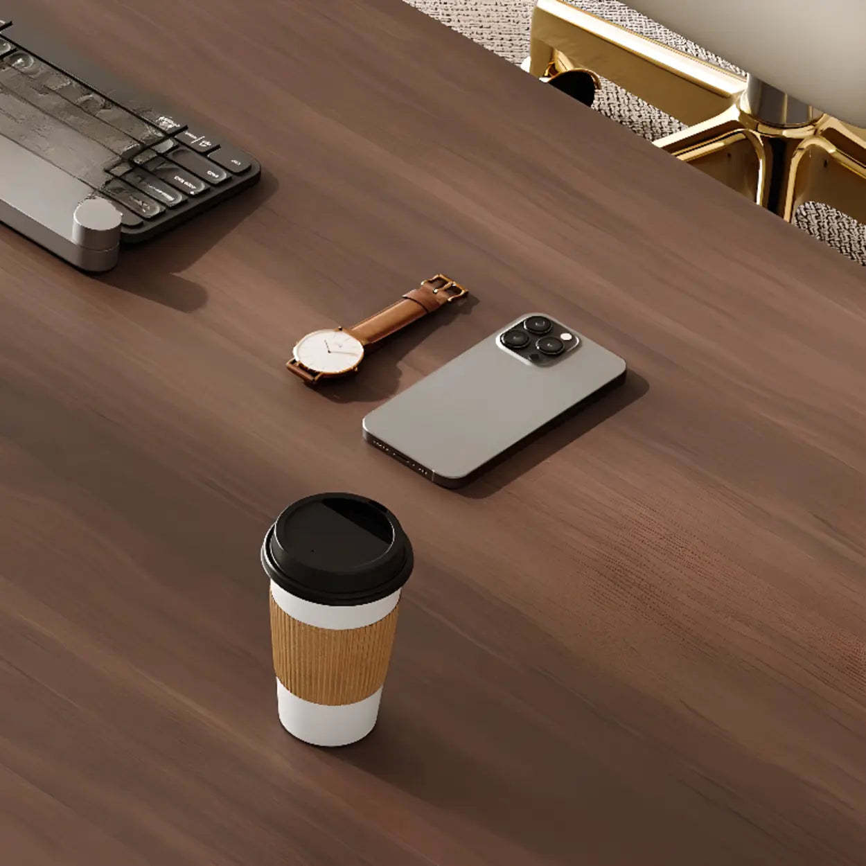 Brown Wood Top White Base L-Shape Oval Executive Desk