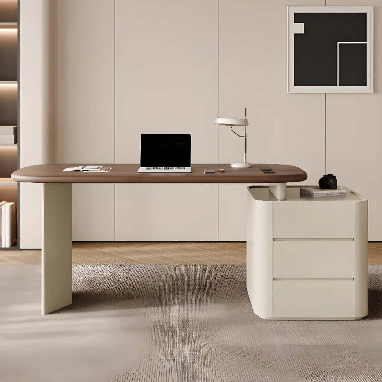 Brown Wood Top White Base L-Shape Oval Executive Desk