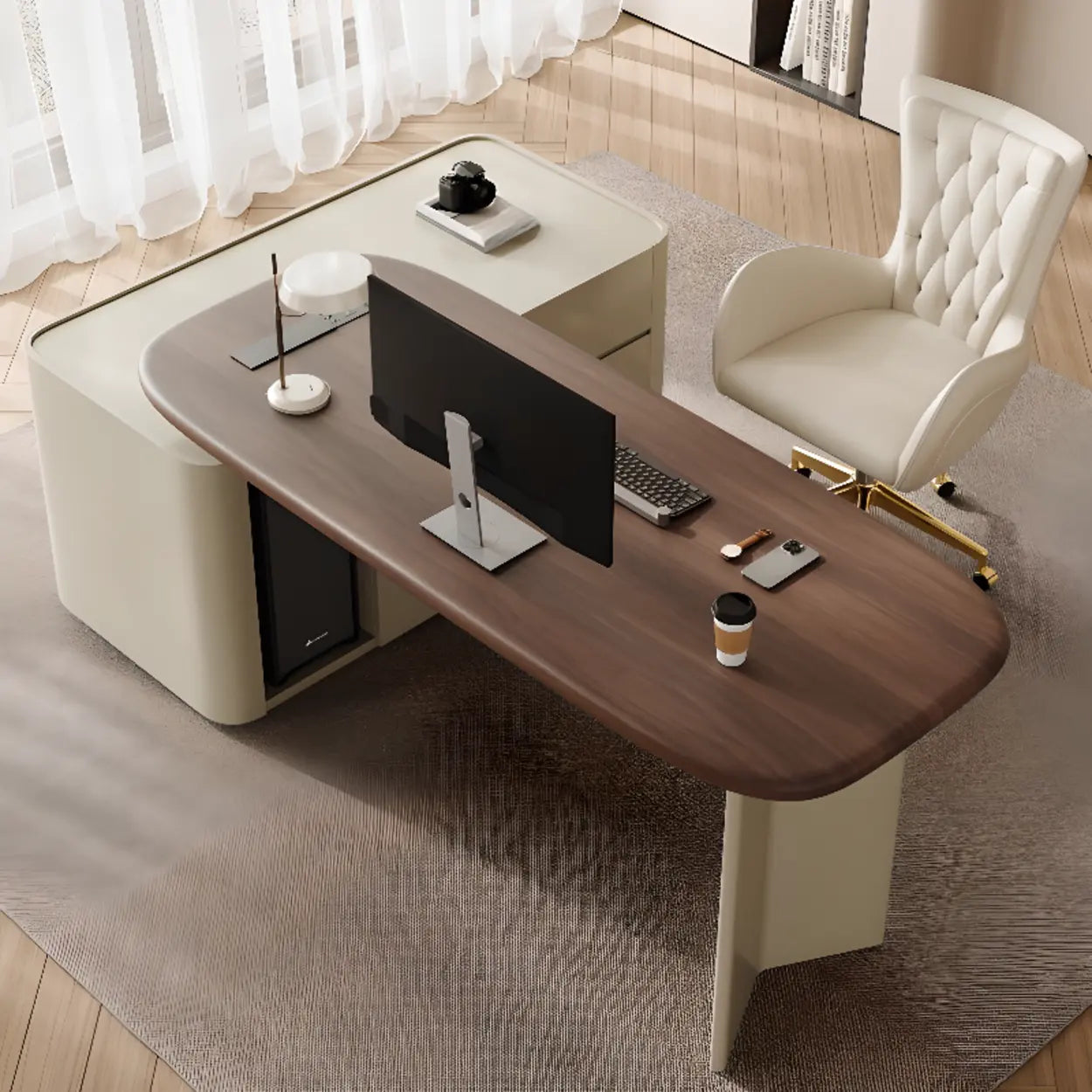 Brown Wood Top White Base L-Shape Oval Executive Desk
