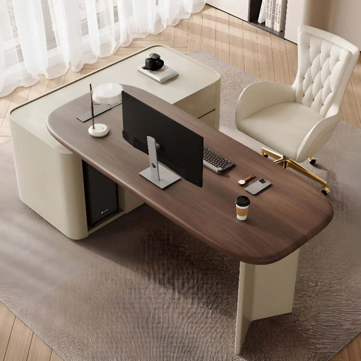 Brown Wood Top White Base L-Shape Oval Executive Desk
