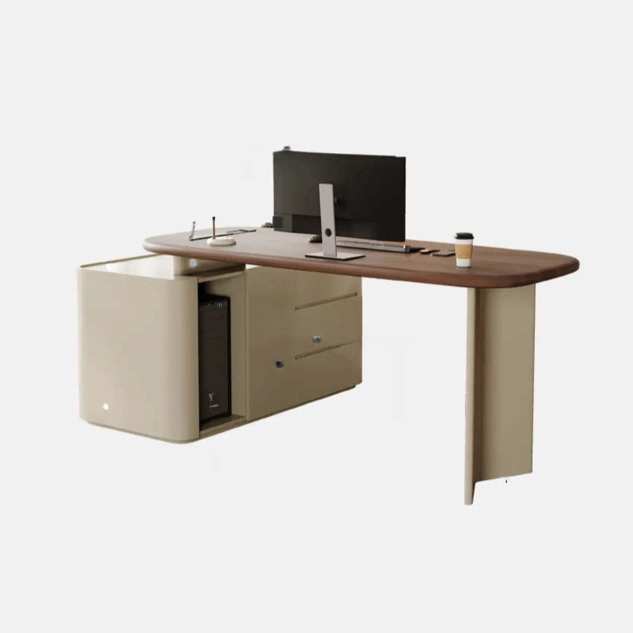 Brown Wood Top White Base L-Shape Oval Executive Desk