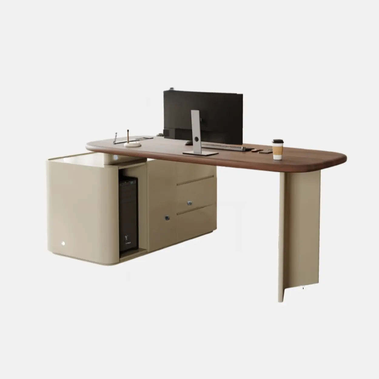 Brown Wood Top White Base L-Shape Oval Executive Desk