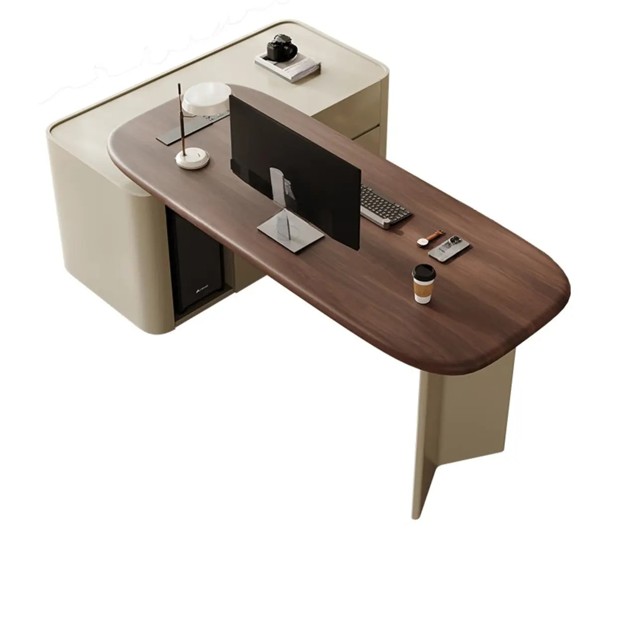 Brown Wood Top White Base L-Shape Oval Executive Desk — with CPU Storage / Table Only