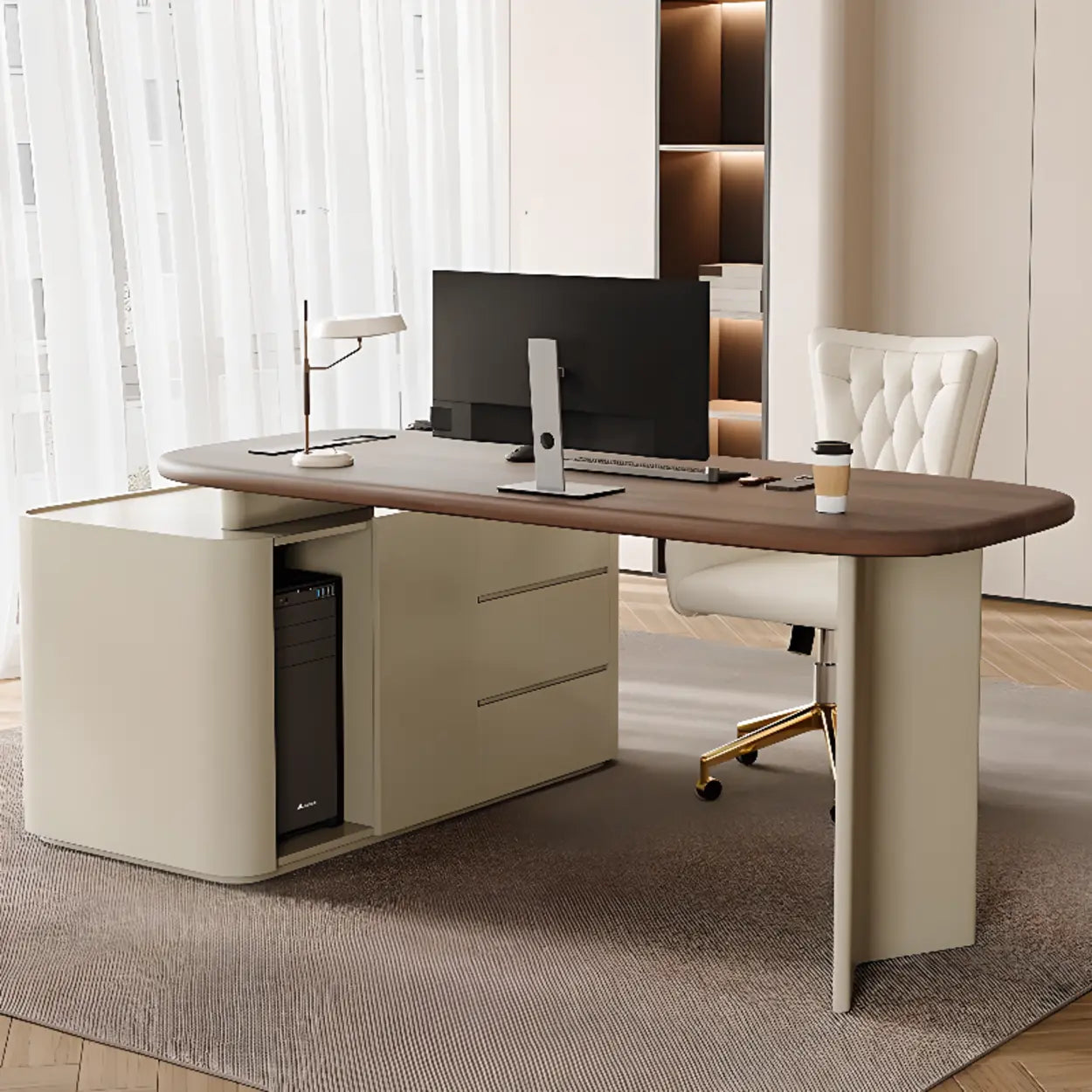 Brown Wood Top White Base L-Shape Oval Executive Desk