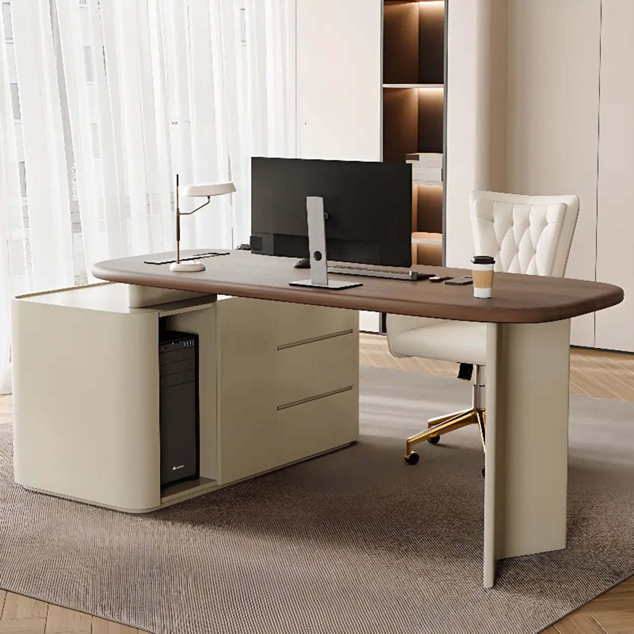 Brown Wood Top White Base L-Shape Oval Executive Desk